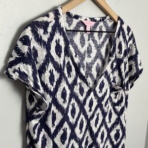 Lilly Pulitzer Duval Linen Short Sleeve T-Shirt  Fish Navy Ikat Size‎ Medium